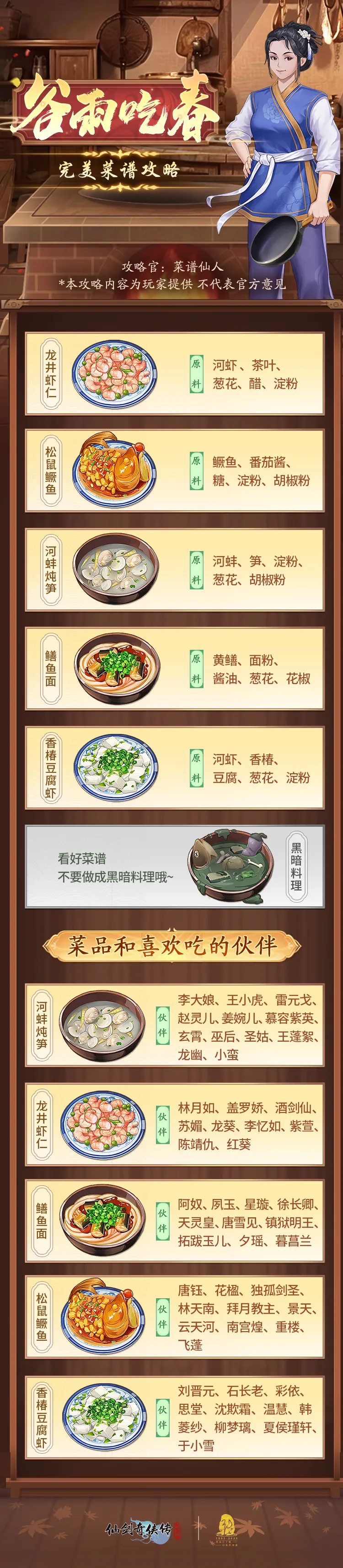 仙剑奇侠传之新的开始谷雨吃春完美菜谱配方大全